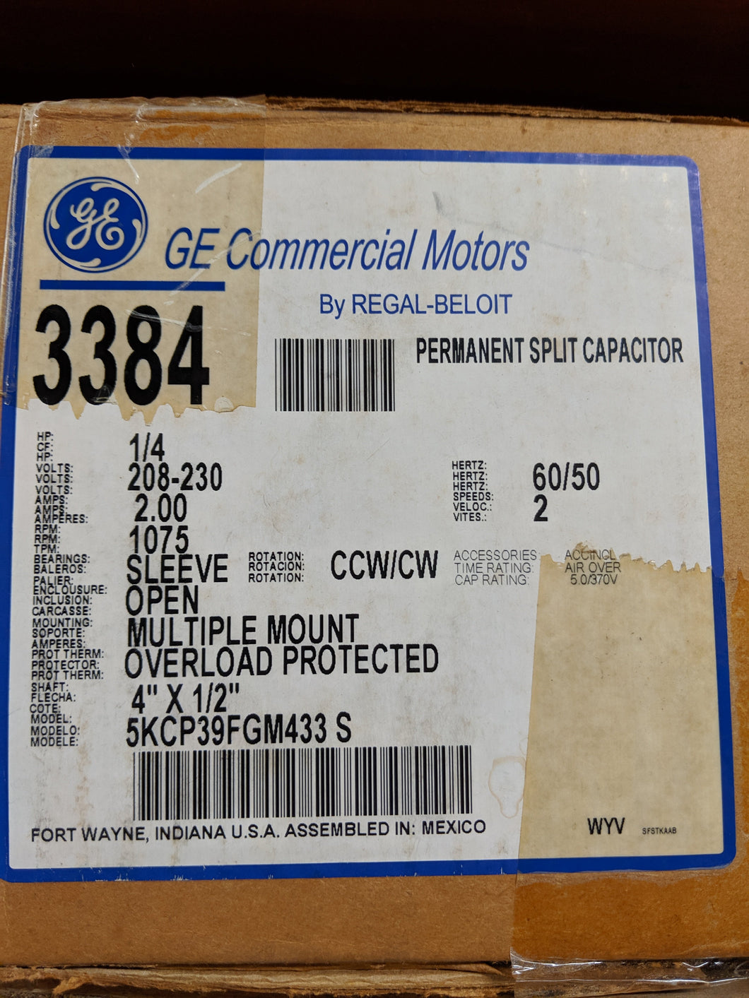 GE 3384, 1/4 HP, 208-230 Volts, 5KCP39FGM433S