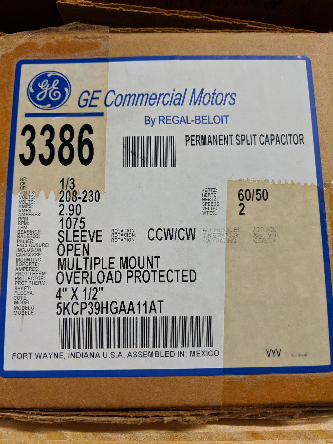 GE Motor 3386, 1/3 HP Motor Weber Electric Supply