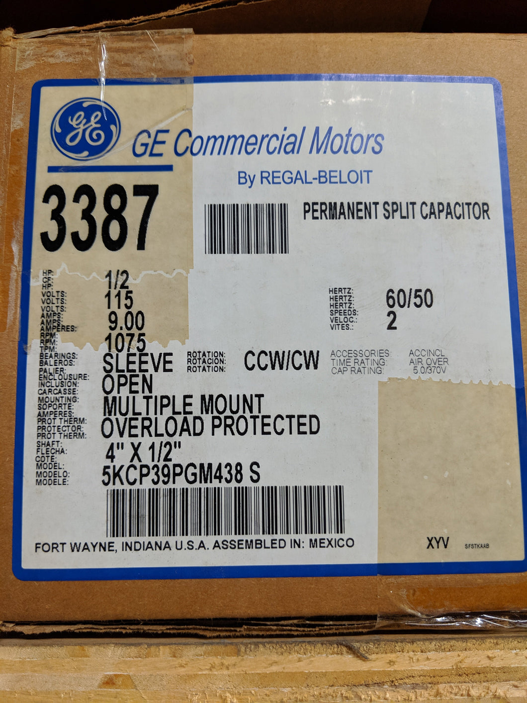 GE 3387, 1/2 HP, 115 Volts, 5KCP39PGM438S