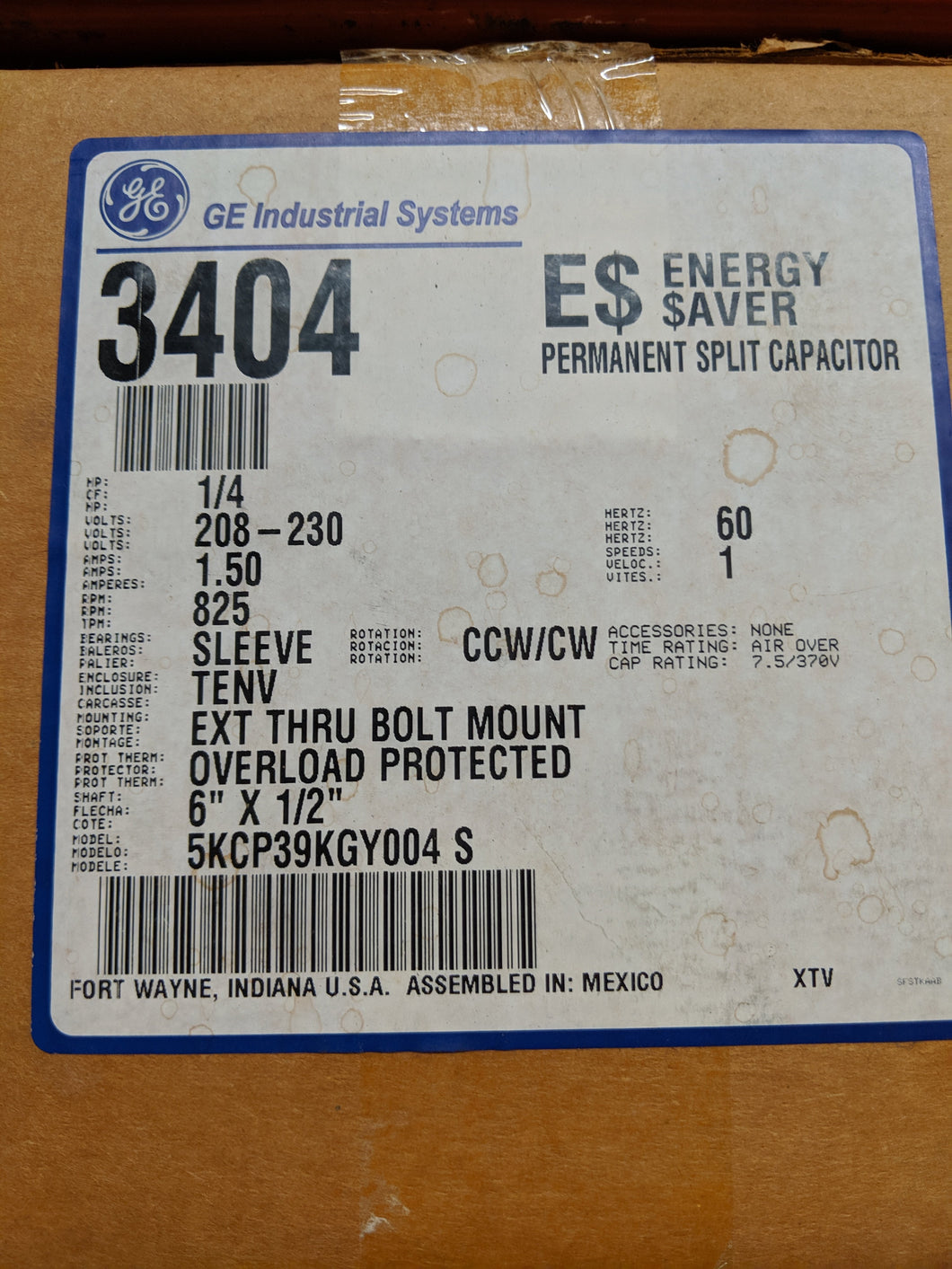 GE 3404, 1/4 HP, 208-230 Volts, 5KCP39KGY004S