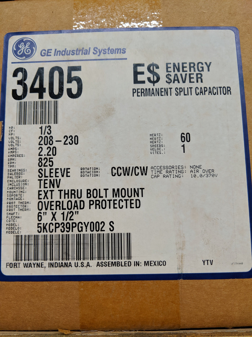 GE 3405, 1/3 HP, 208-230 Volts, 5KCP39PGY002S
