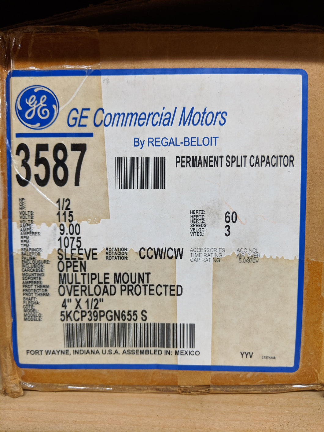 GE 3587, 1/2 HP, 115 Volts, 5KCP39PGN655S