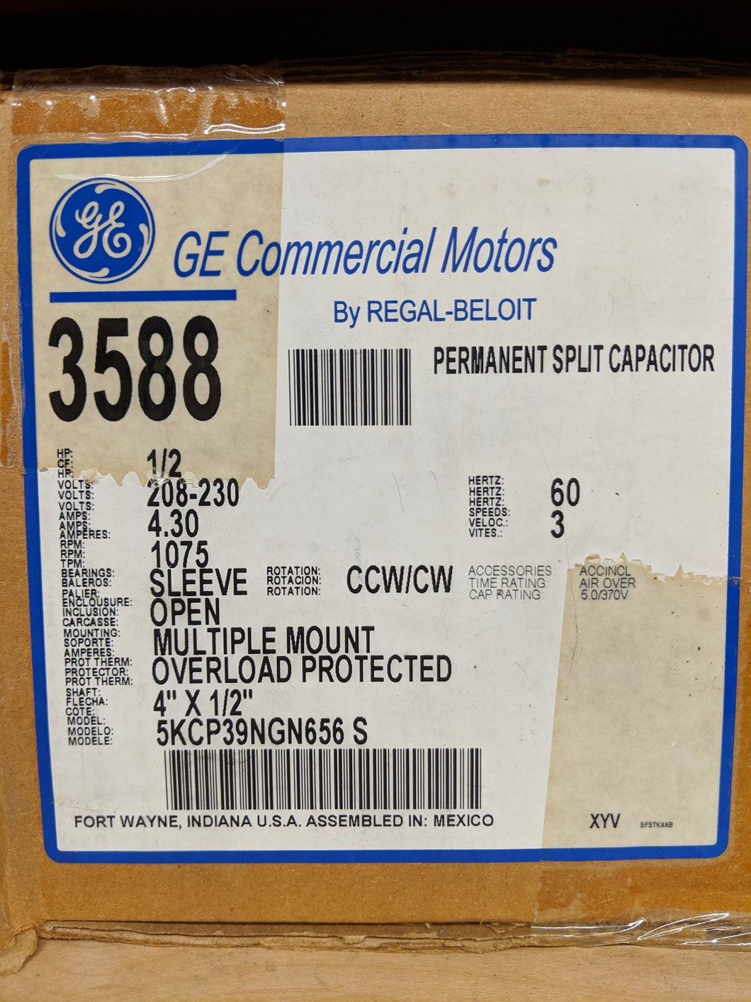 GE 3588, 1/2 HP, 208-230 Volts, 5KCP39NGN656S