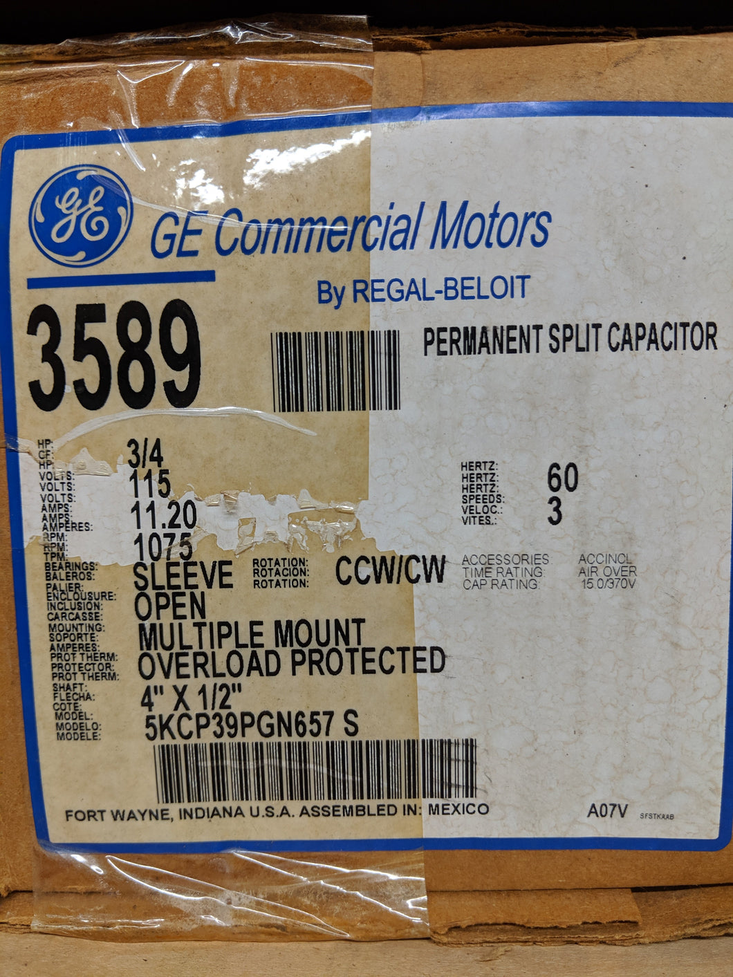 GE 3589, 3/4 HP, 115 Volts, 5KCP39PGN657S