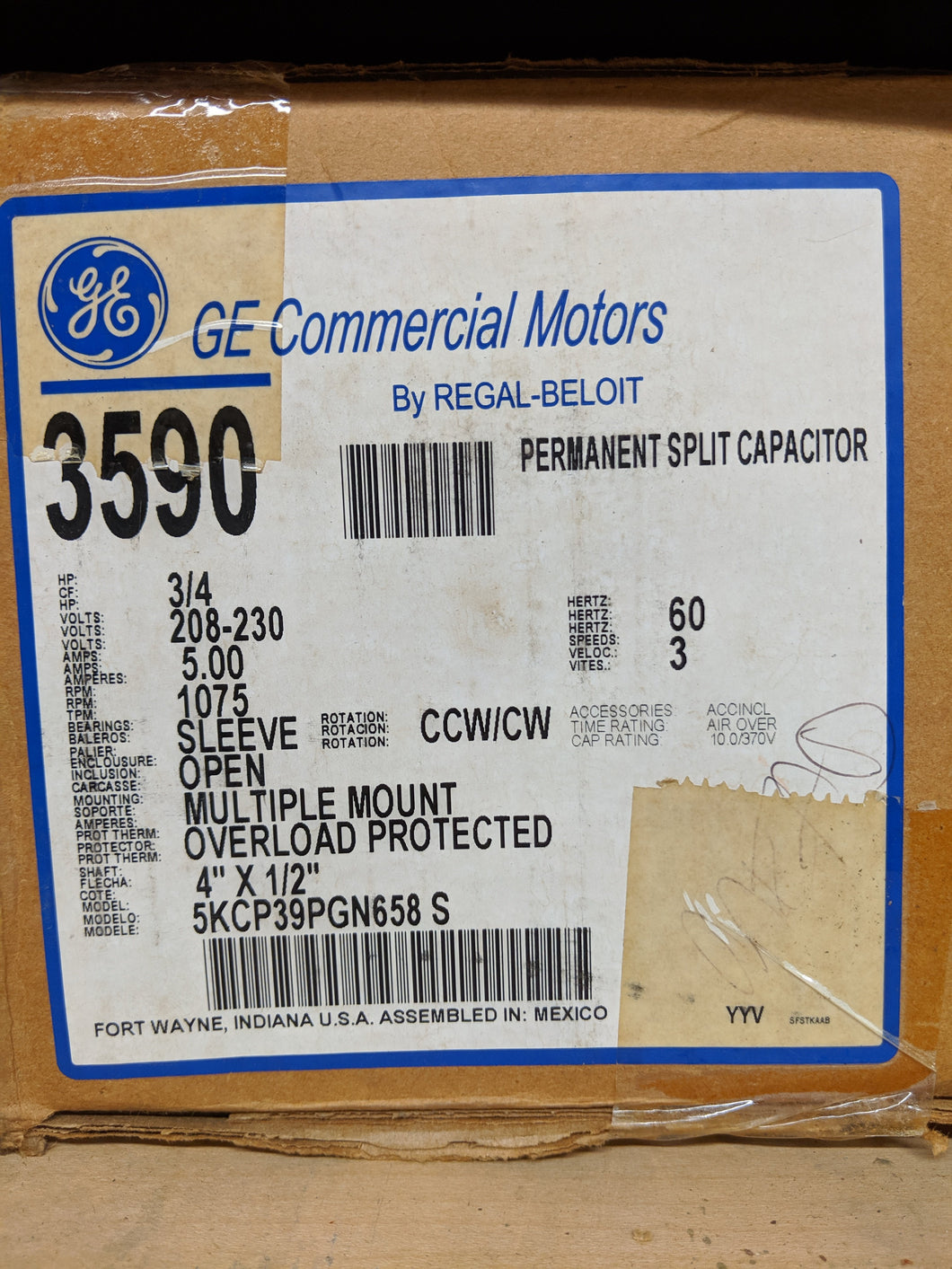 GE 3590, 3/4 HP, 208-230 Volts, 5KCP39PGN658S