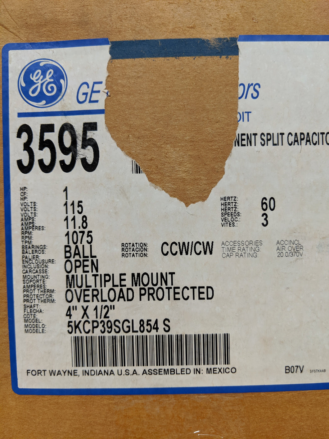 GE 3595, 1 HP, 115 Volts, 5KCP39SGL854S