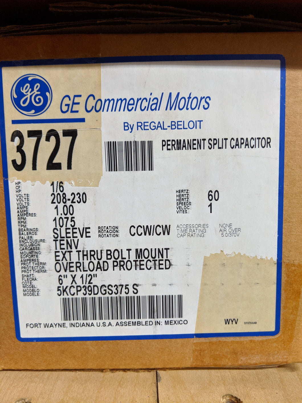 GE 3727, 1/6 HP, 208-230 Volts, 5KCP39DGS375S