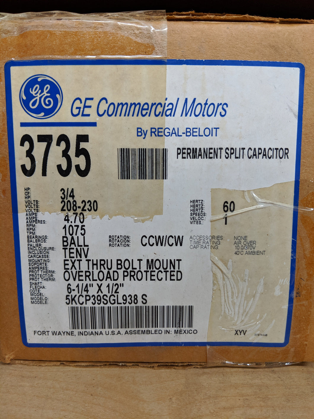GE 3735, 3/4 HP, 208-230 Volts, 5KCP39SGL938S