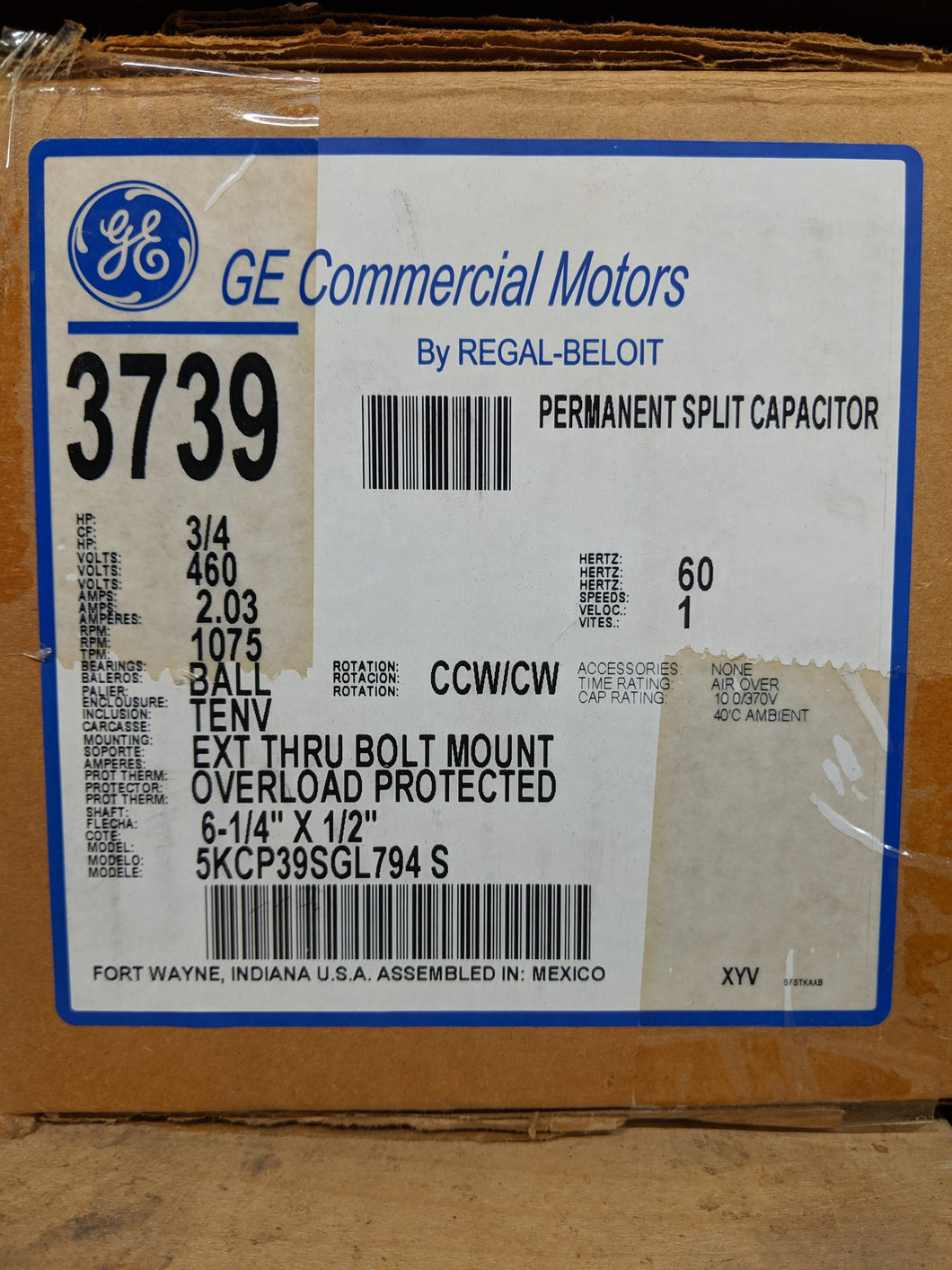 GE 3739, 3/4 HP, 460 Volts, 5KCP39SGL794S