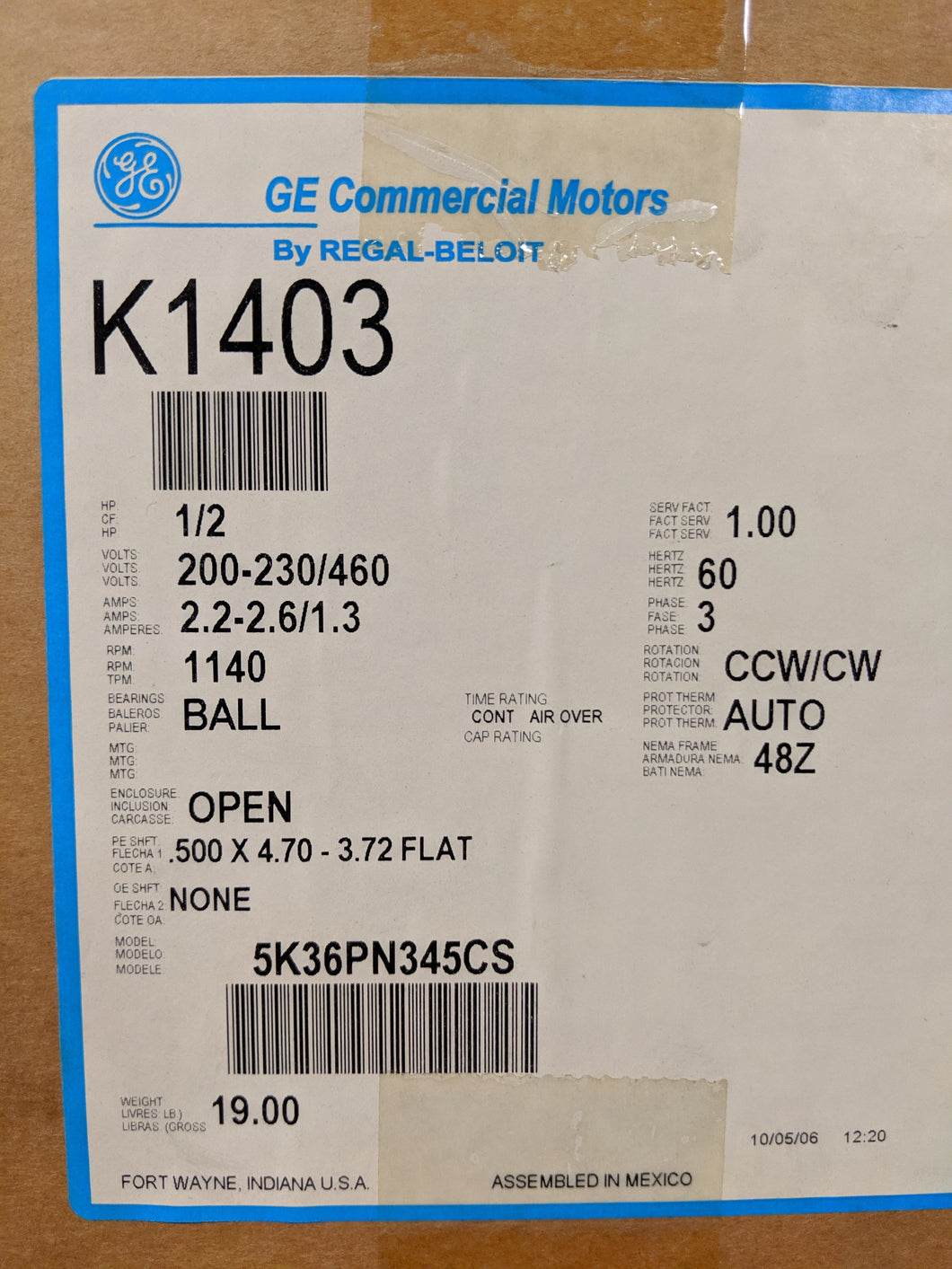 GE K1403, 1/2 HP, 200-230/460 Volts, 5K36PN345CS