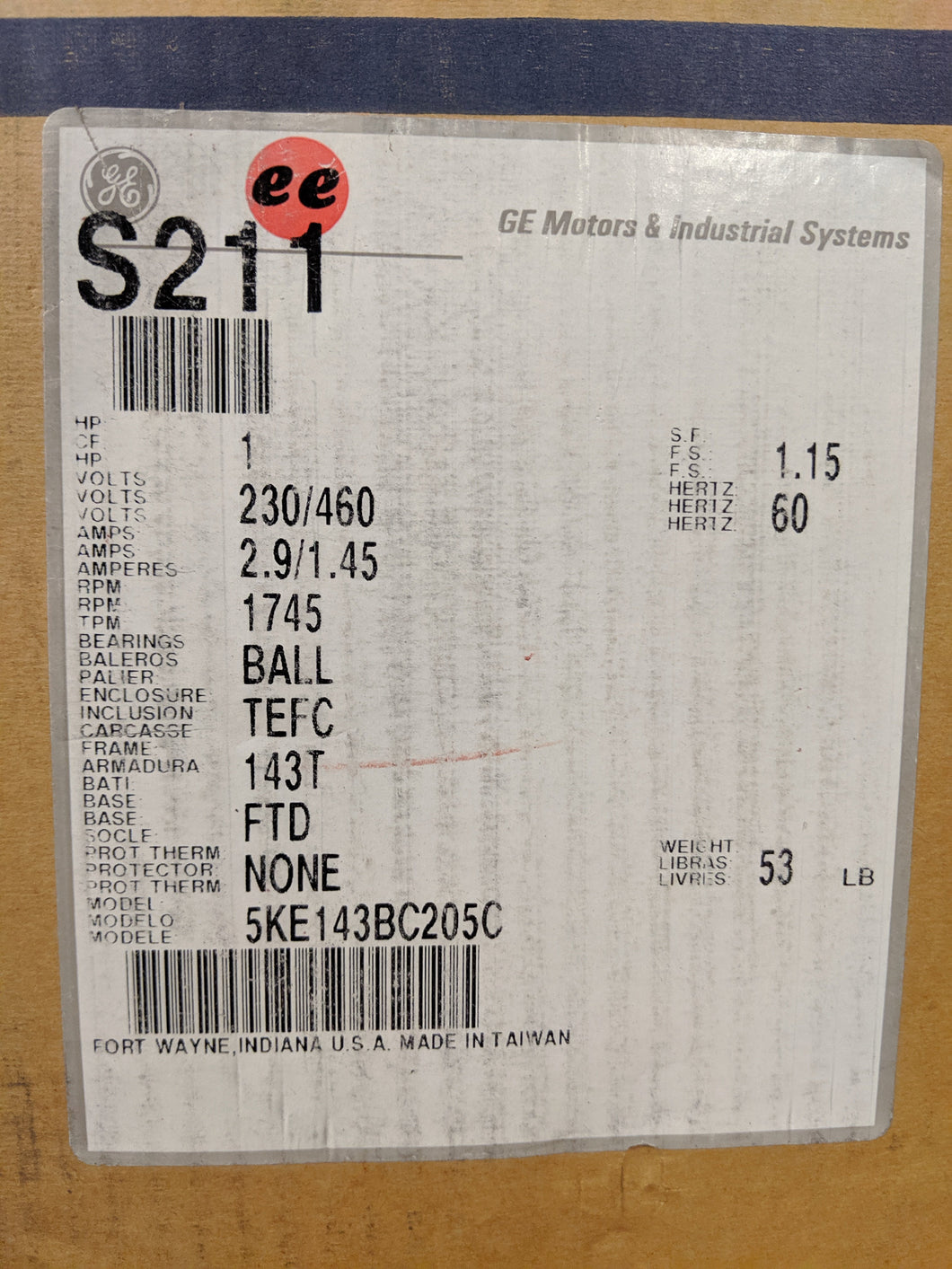 GE S211, 1 HP, 230/460 Volts, 5KE143BC205C